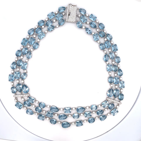 925 Silver White Rhodium Blue Zircon & White Zircon Necklace
