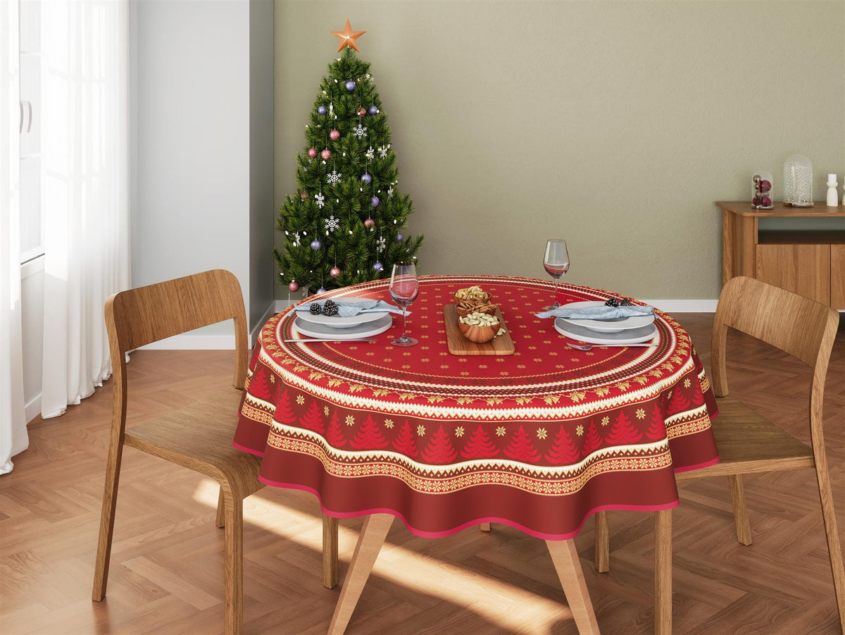 Red Christmas Holiday Tablecloth with printed xmas details and gold glitter accents
