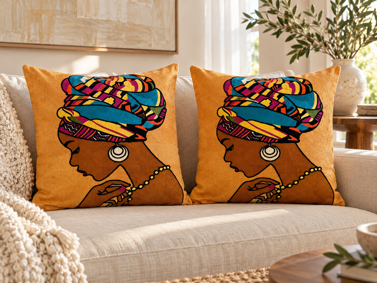 Embroidered Cushion Covers – Set of 2, Three Portrait Styles 17x17 inches.