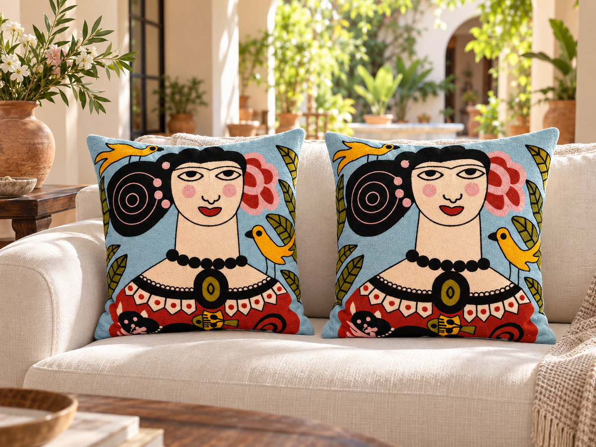 Embroidered Cushion Covers – Set of 2, Three Portrait Styles 17x17 inches.