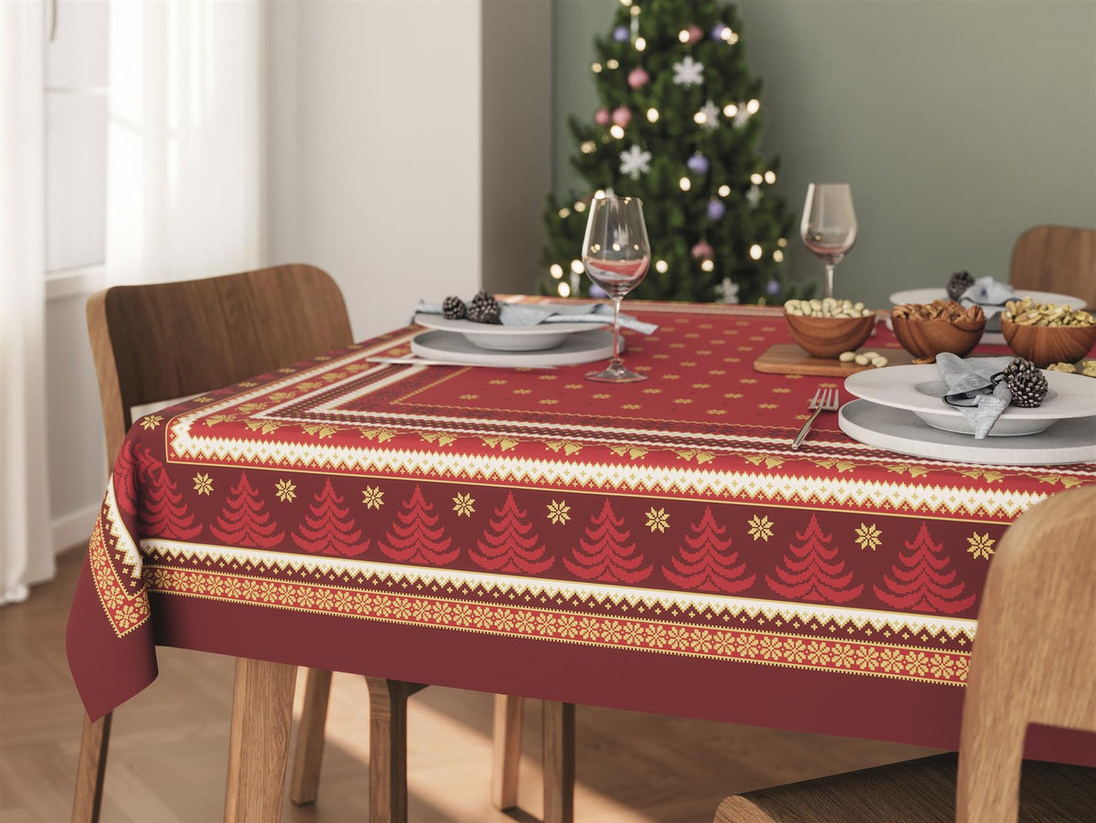 Red Christmas Holiday Tablecloth with printed xmas details and gold glitter accents