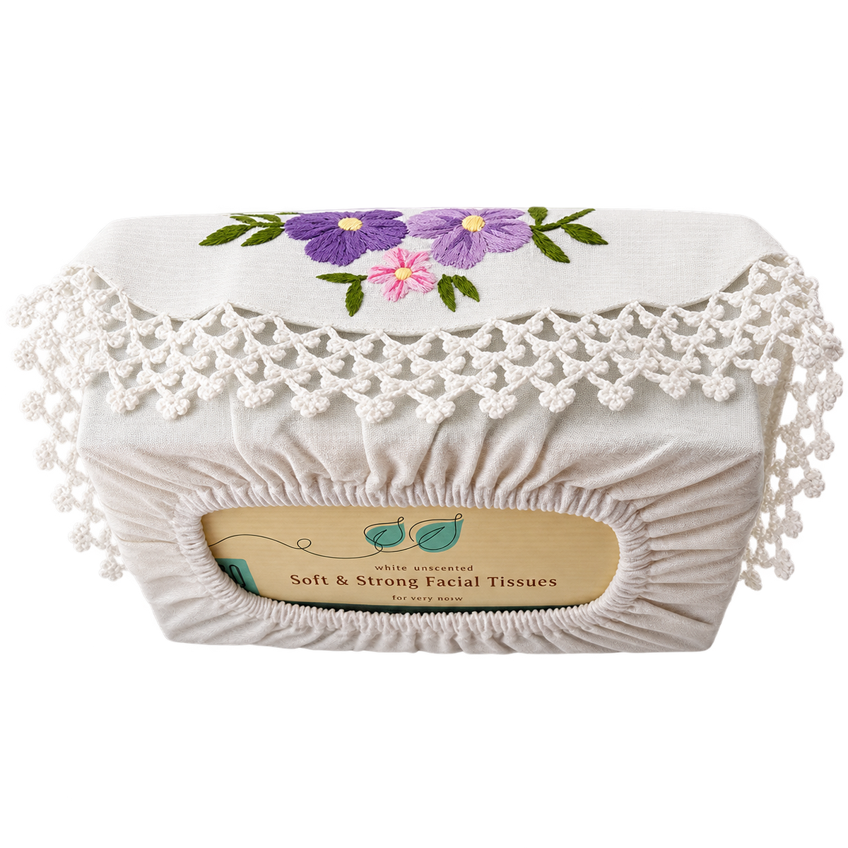 Embroidered Floral Rectangular Tissue Box Cover with Crochet Lace Trim