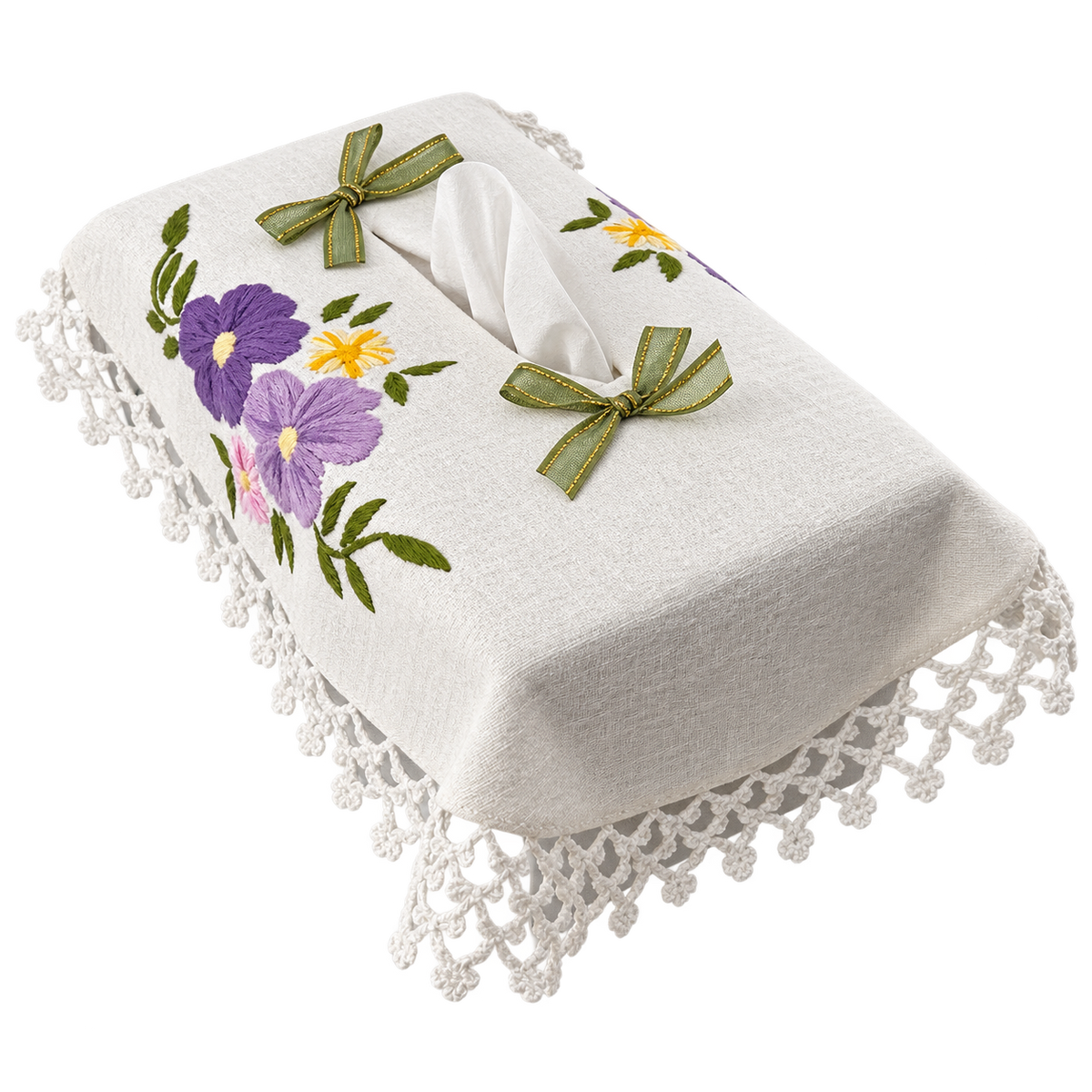 Embroidered Floral Rectangular Tissue Box Cover with Crochet Lace Trim