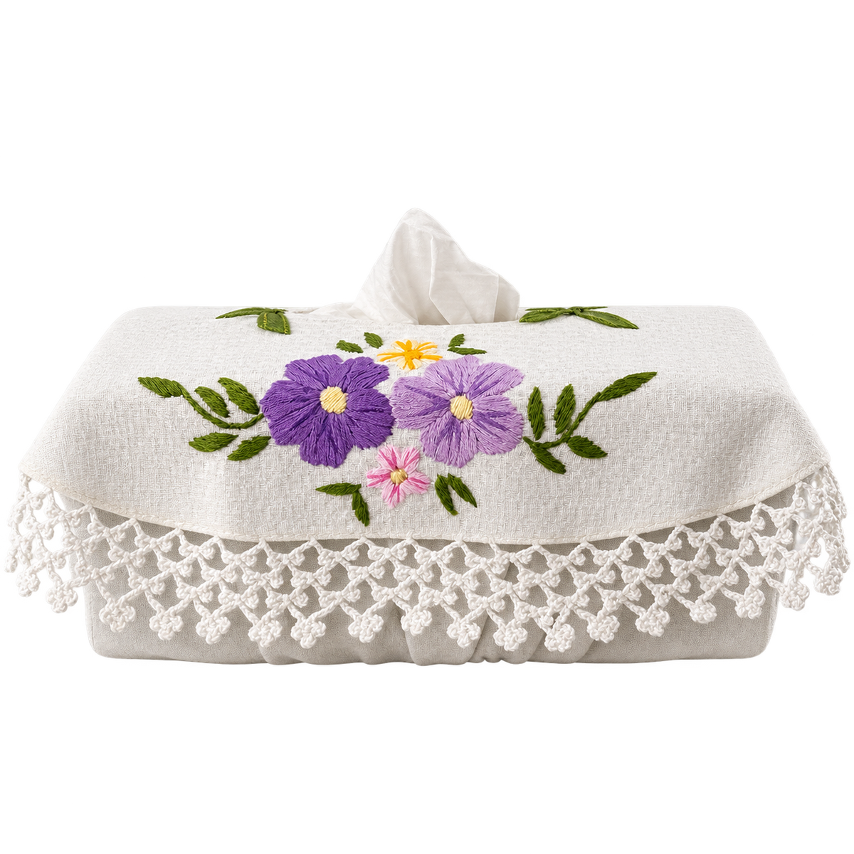 Embroidered Floral Rectangular Tissue Box Cover with Crochet Lace Trim