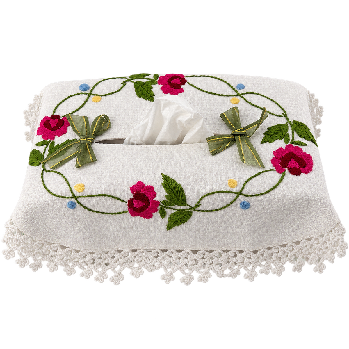 Embroidered Floral Rectangular Tissue Box Cover with Crochet Lace Trim