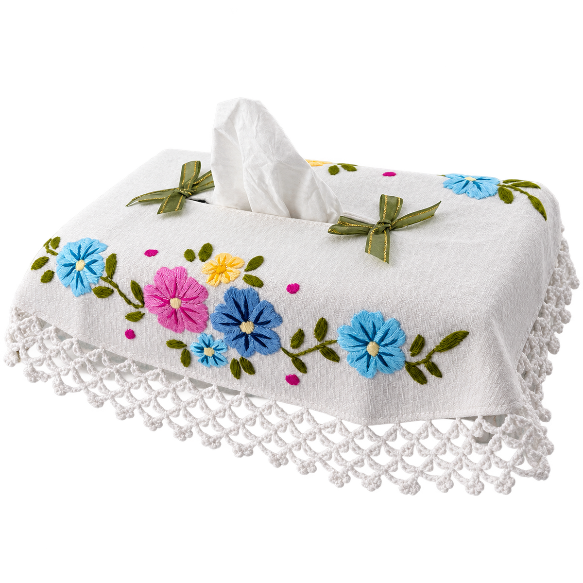 Embroidered Floral Rectangular Tissue Box Cover with Crochet Lace Trim