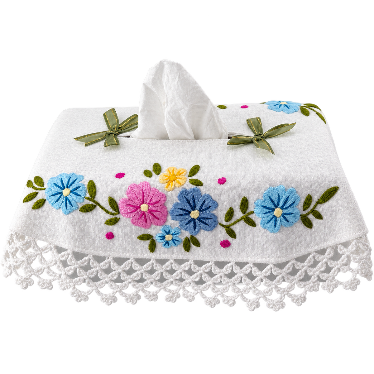 Embroidered Floral Rectangular Tissue Box Cover with Crochet Lace Trim