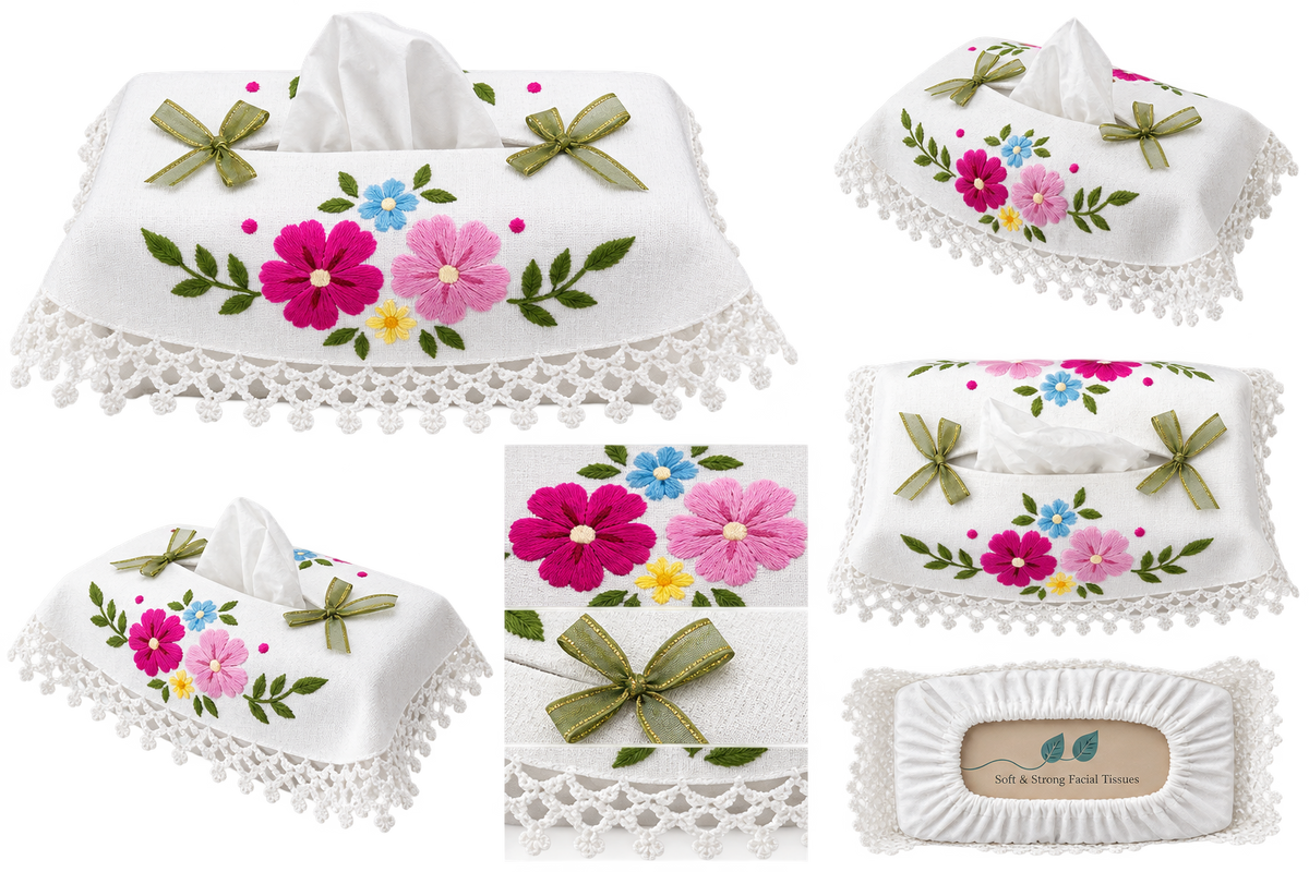 Embroidered Floral Rectangular Tissue Box Cover with Crochet Lace Trim