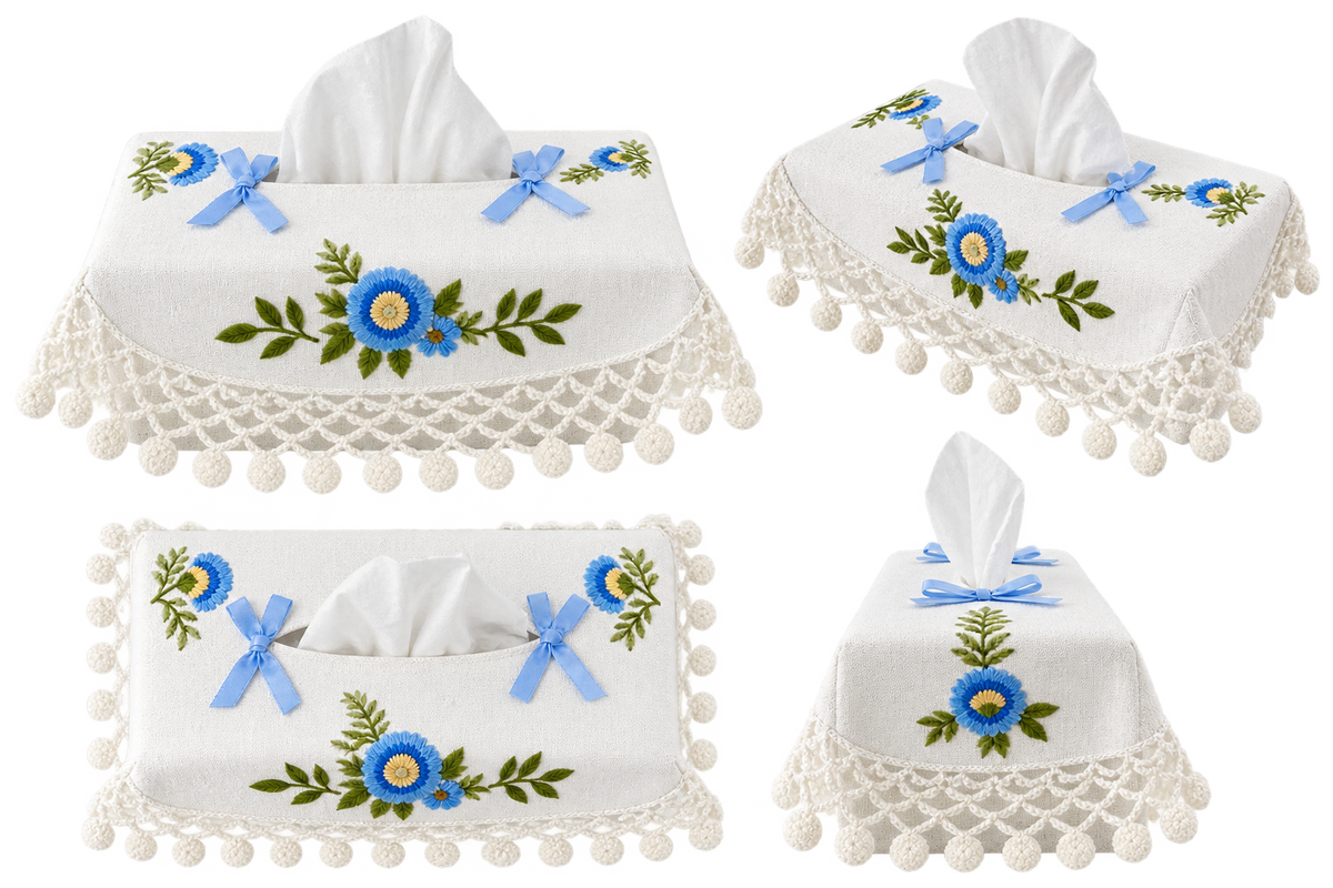 Embroidered Floral Rectangular Tissue Box Cover with Crochet Lace Trim