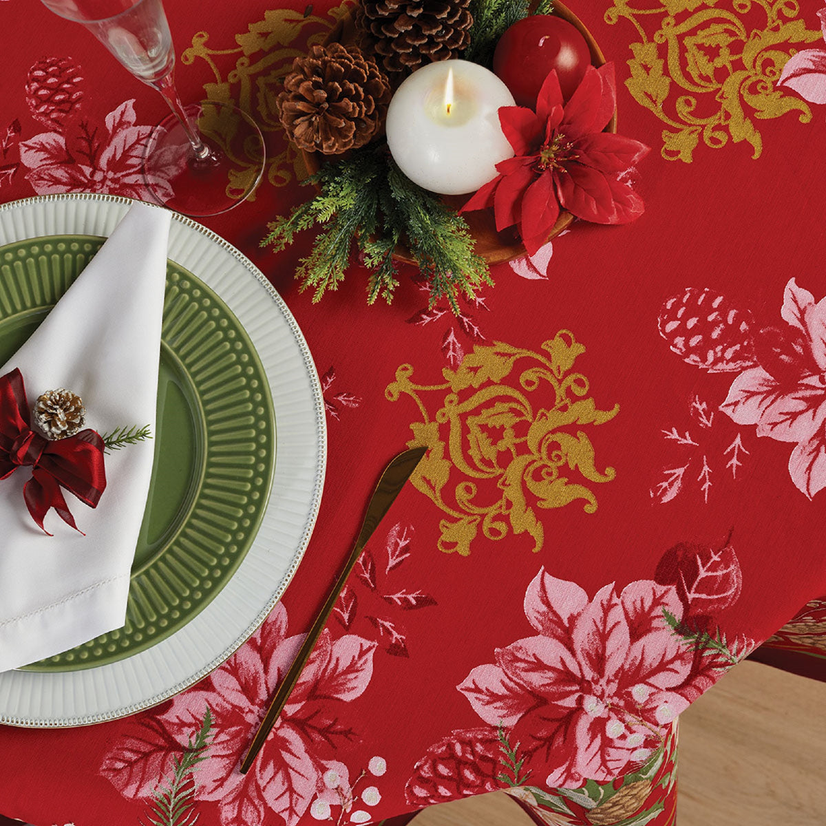Christmas Holiday Printed tablecloth with pink poinsettias, pine cones and gold details
