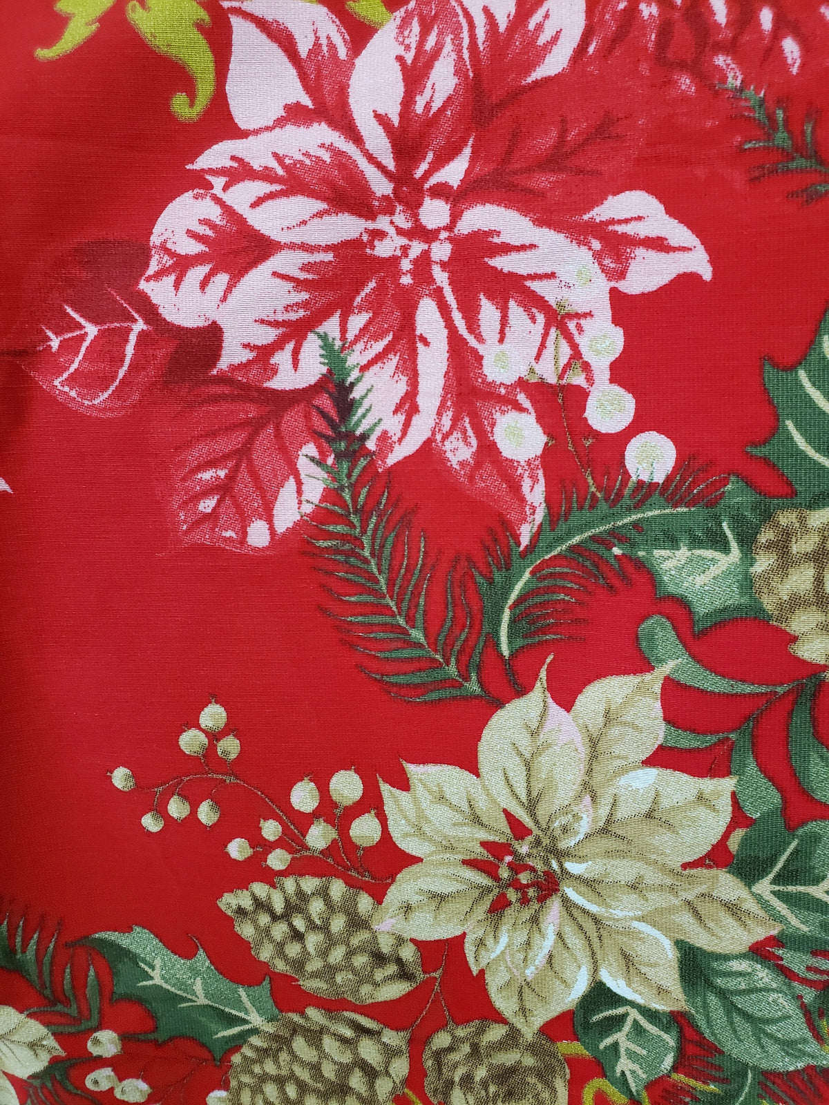 Christmas Holiday Printed tablecloth with pink poinsettias, pine cones and gold details