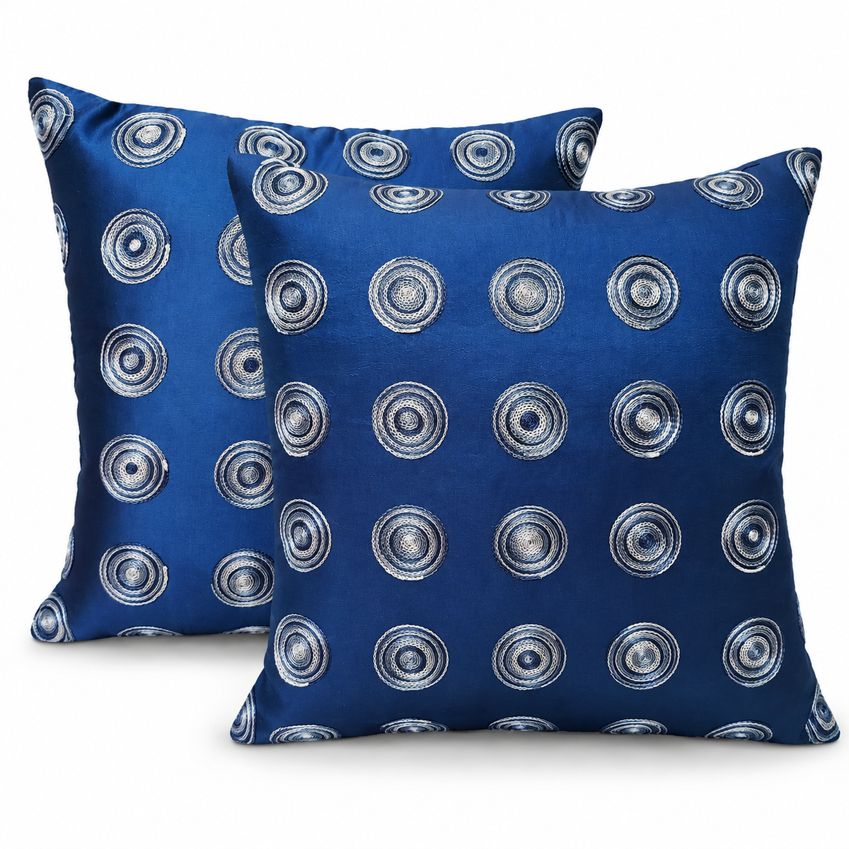 Blue embroidered circle cushion covers, set of two