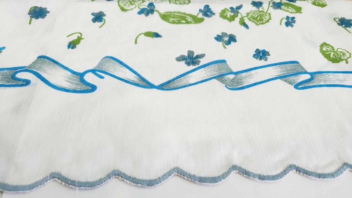 Tablecloth White with Blue Flowers Scalloped serged Border,  Oval  Shape 59"x90.5" for Table Setting of 6-8 People