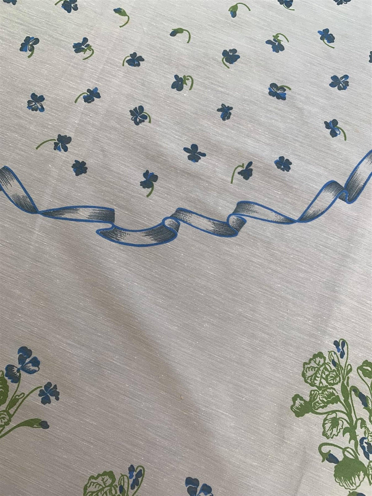 Tablecloth White with Blue Flowers Scalloped serged Border,  Oval  Shape 59"x90.5" for Table Setting of 6-8 People