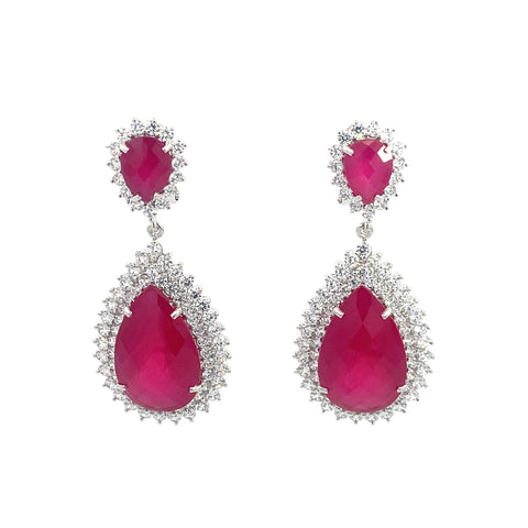 925 Silver White Rhodium Red Created Ruby Classic Earrings