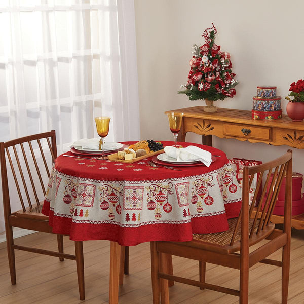Christmas Tablecloth- Mid Century style in Red, White and Gold classic colors. Print of this Holiday season