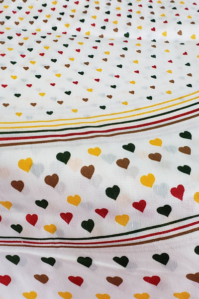 61" Round white tablecloth with printed sweet hearts decor summer- kitchen table[Hearts-bright red/green/yellow]