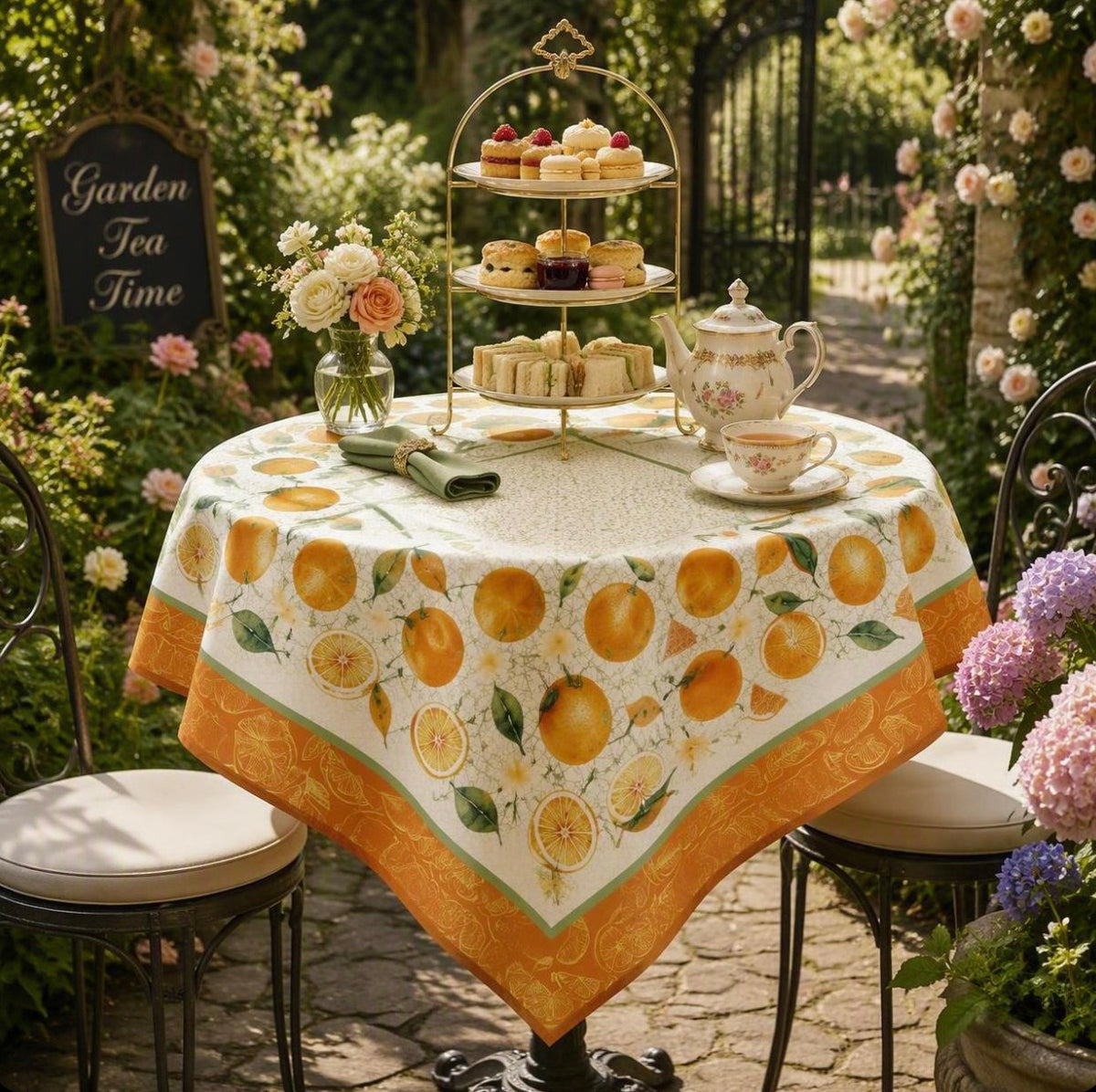 Square Table Topper with Citrus-Oranges and Lemon print. 40"x40" Square