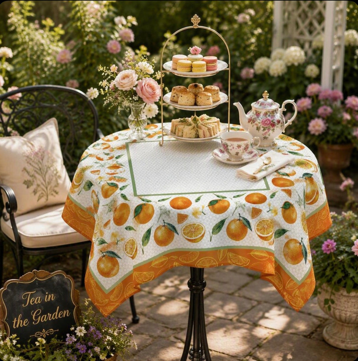 Square Table Topper with Citrus-Oranges and Lemon print. 40"x40" Square