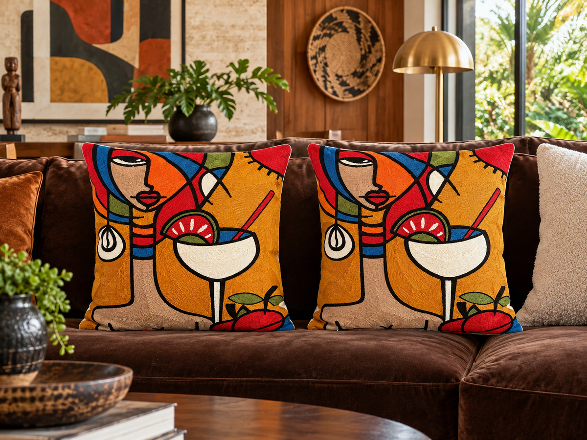 Embroidered Cushion Covers – Set of 2, Three Portrait Styles 17x17 inches.