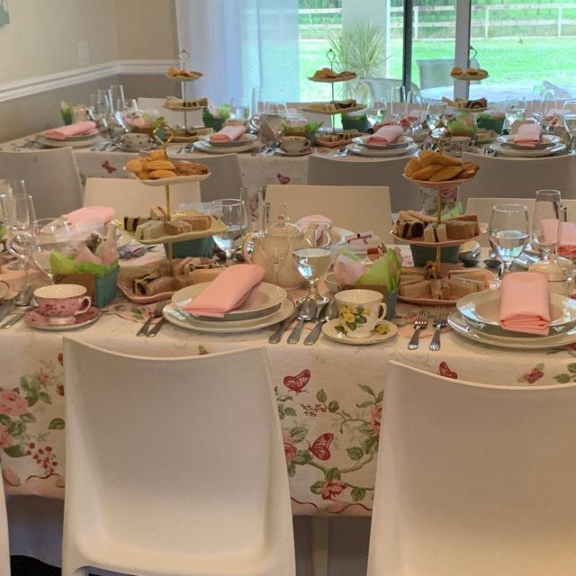 Pink Roses and Butterfly Printed Tablecloth  Tablecloth. Size options 60 inch Round or 61"x98" Rectangle Tablecloth