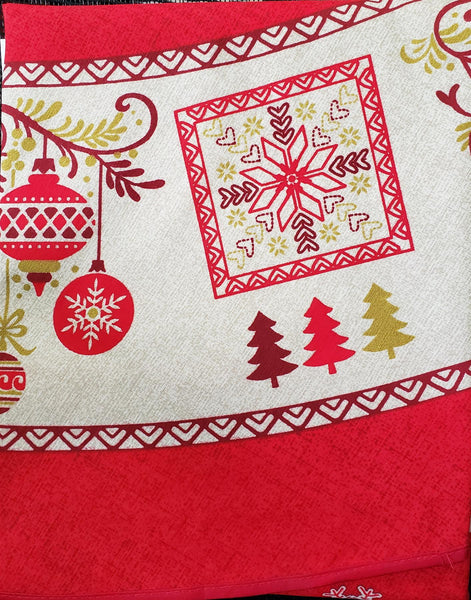 Christmas Tablecloth- Mid Century style in Red, White and Gold classic colors. Print of this Holiday season