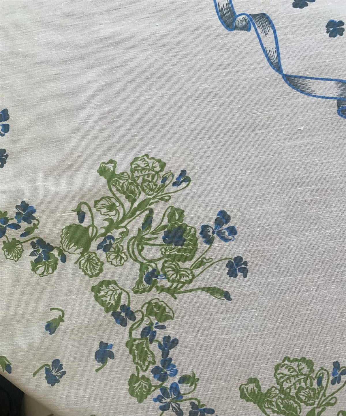 Tablecloth White with Blue Flowers Scalloped serged Border,  Oval  Shape 59"x90.5" for Table Setting of 6-8 People
