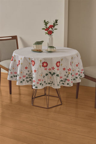 62 inch Tablecloth Round or Square. Red, White and Yellow Wild Flowers on White and Light Grey Printed Tablecloth to Brighten up The Room. Dining Room, Kitchen