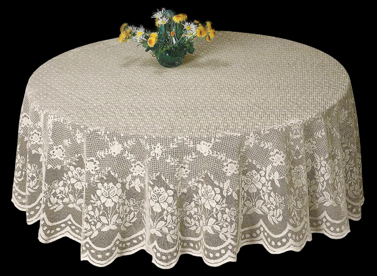 Elegant 70-inch round lace tablecloth with vintage floral pattern. Perfect for weddings, parties & special events. Shop AdonisUSA.