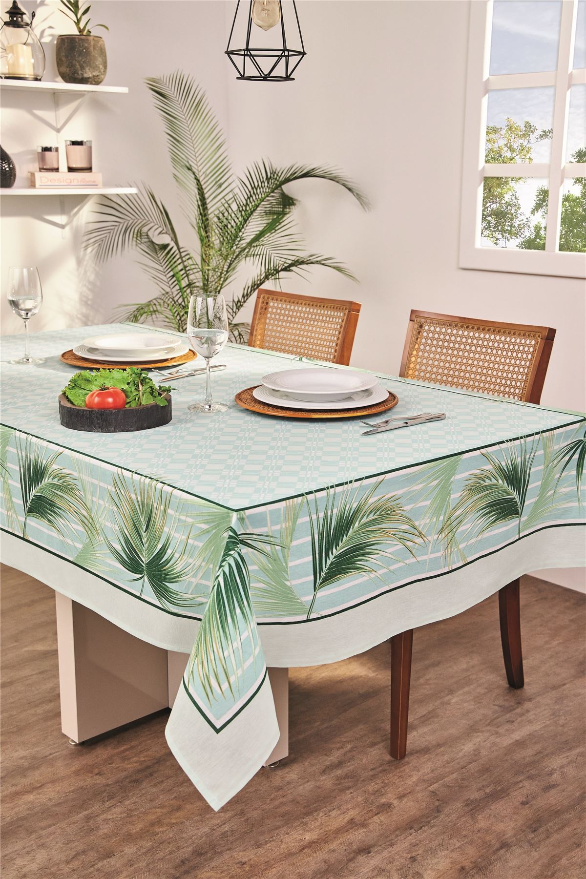 White and Aqua Green Printed Floral Tablecloth with of Palm Leaves. Perfect for Summer Decor, Dining Room, Kitchen