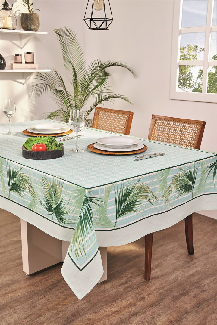 White and Aqua Green Printed Floral Tablecloth with of Palm Leaves. Perfect for Summer Decor, Dining Room, Kitchen