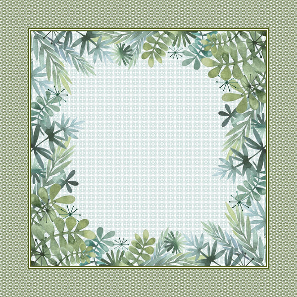 Table topper with tropical print in shades of green color. Size 40 inch Square