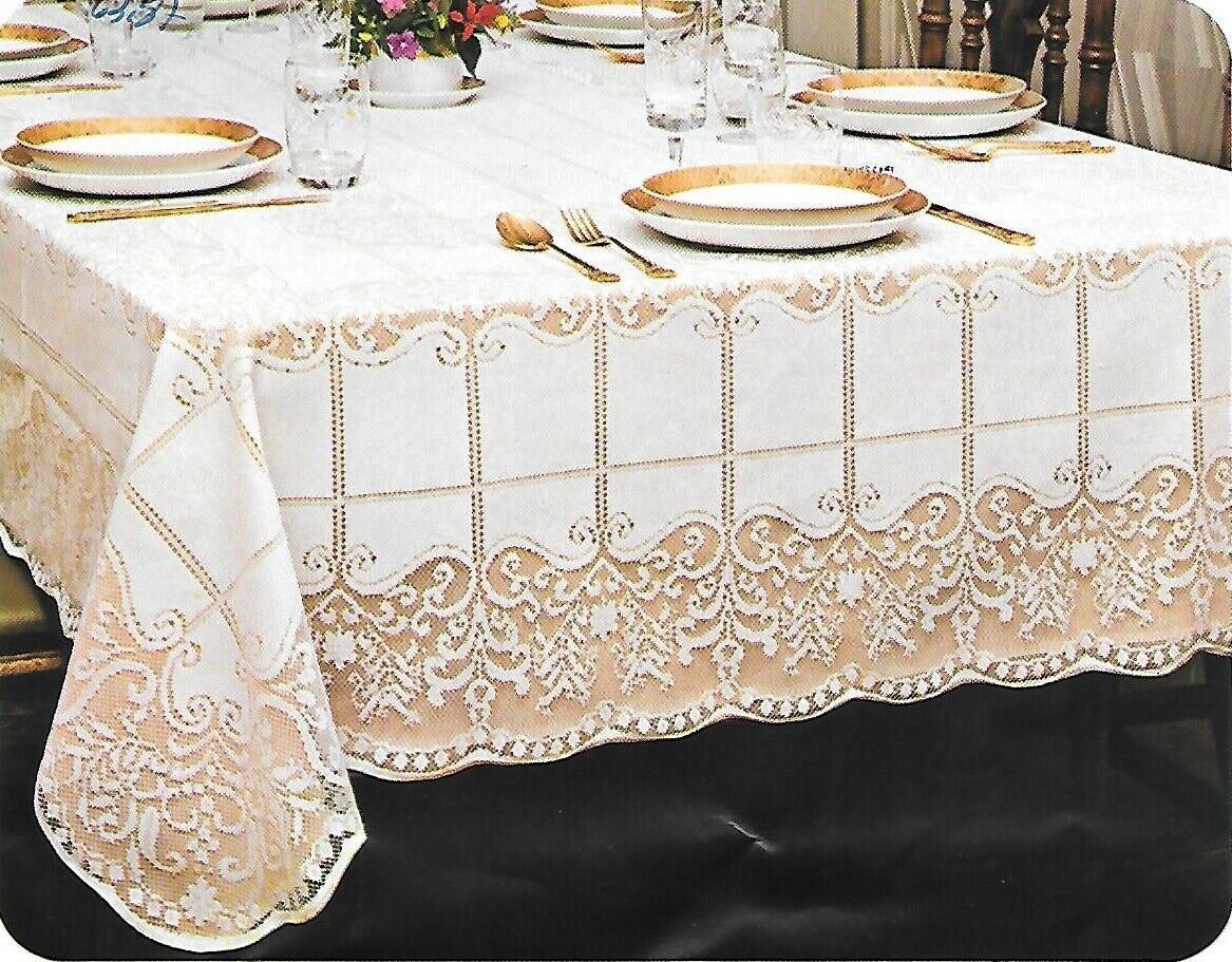 White Floral Lace Oval Tablecloth, 61" x 98"