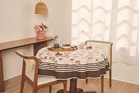 AdonisUSA Luana Printed Checkered Tablecloth with Pink Roses and Solid Chocolate Brown Striped Border- 60 inch Round