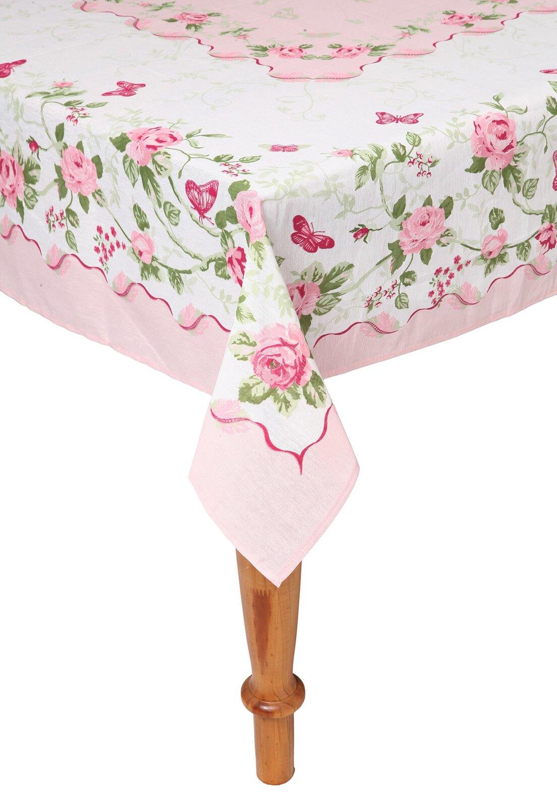 Pink Roses and Butterfly Printed Tablecloth  Tablecloth. Size options 60 inch Round or 61"x98" Rectangle Tablecloth
