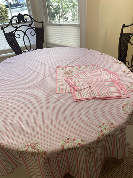 AdonisUSA 70"  Pink Round Tablecloth Printed, Round Tablecloth -1 pc +39" Square Overlay+6 Napkins Set- Vintage from 80's (Pink)