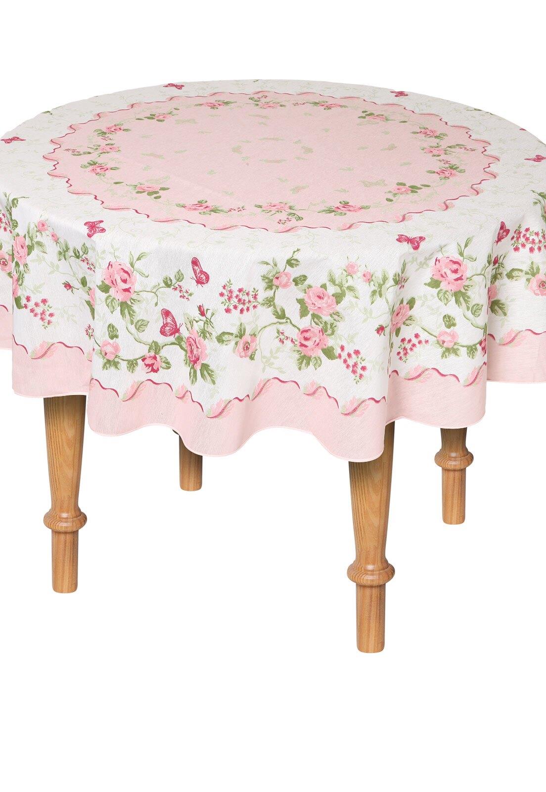 Pink Roses and Butterfly Printed Tablecloth  Tablecloth. Size options 60 inch Round or 61"x98" Rectangle Tablecloth