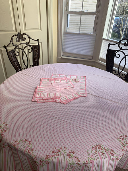 AdonisUSA 70"  Pink Round Tablecloth Printed, Round Tablecloth -1 pc +39" Square Overlay+6 Napkins Set- Vintage from 80's (Pink)