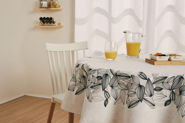 Black and cream Tablecloth Featuring a Monochromatic Foliage Design in Neutral Colors, Adding a Chic Yet Charming Touch to Your Table Setting