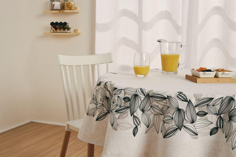 Black and cream Tablecloth Featuring a Monochromatic Foliage Design in Neutral Colors, Adding a Chic Yet Charming Touch to Your Table Setting