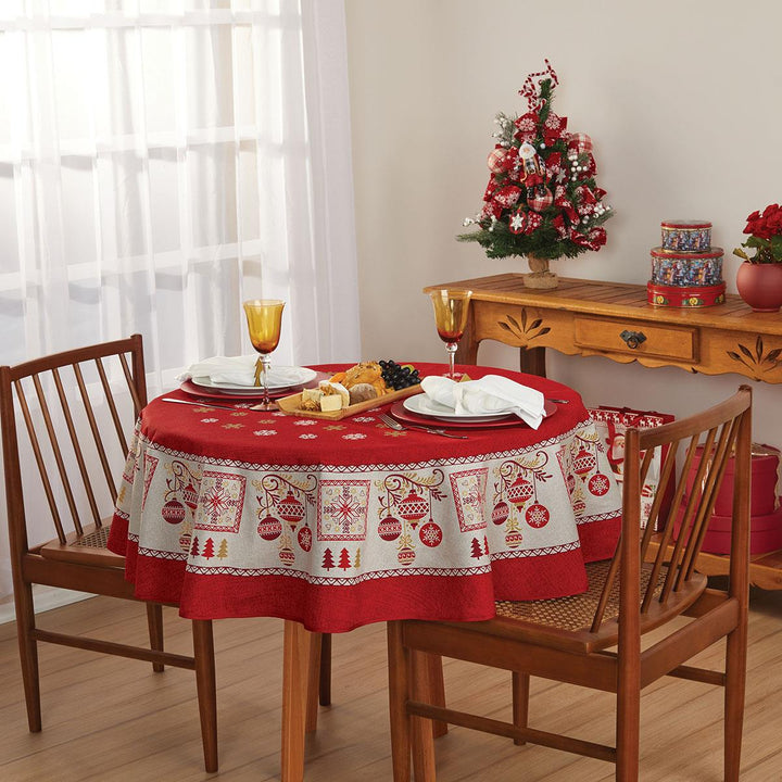 Christmas Tablecloth- Mid Century style in Red, White and Gold classic colors. Print of this Holiday season