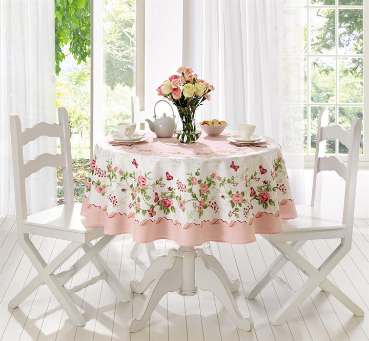 Pink Roses and Butterfly Printed Tablecloth  Tablecloth. Size options 60 inch Round or 61"x98" Rectangle Tablecloth
