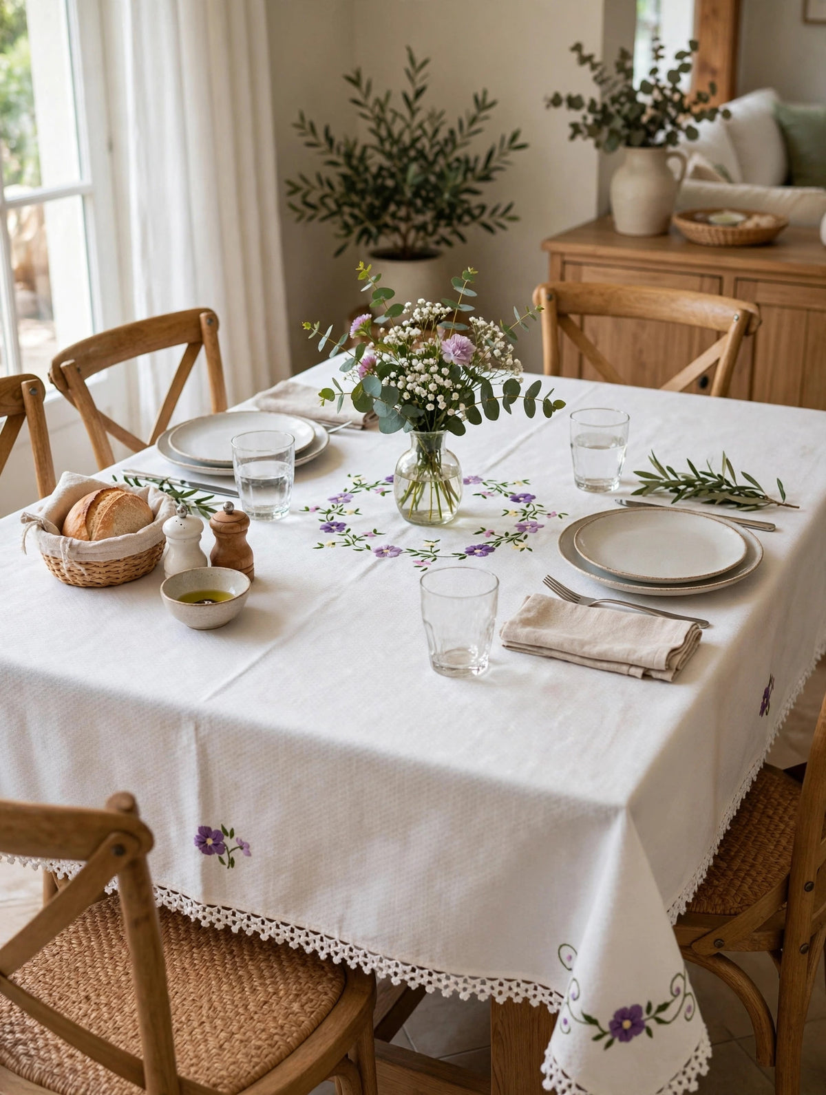 Handmade Embroidered Cotton Tablecloth – 45 Inch Square