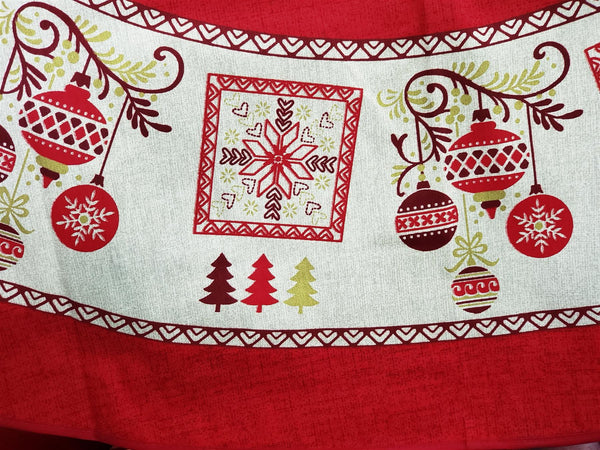 Christmas Tablecloth- Mid Century style in Red, White and Gold classic colors. Print of this Holiday season