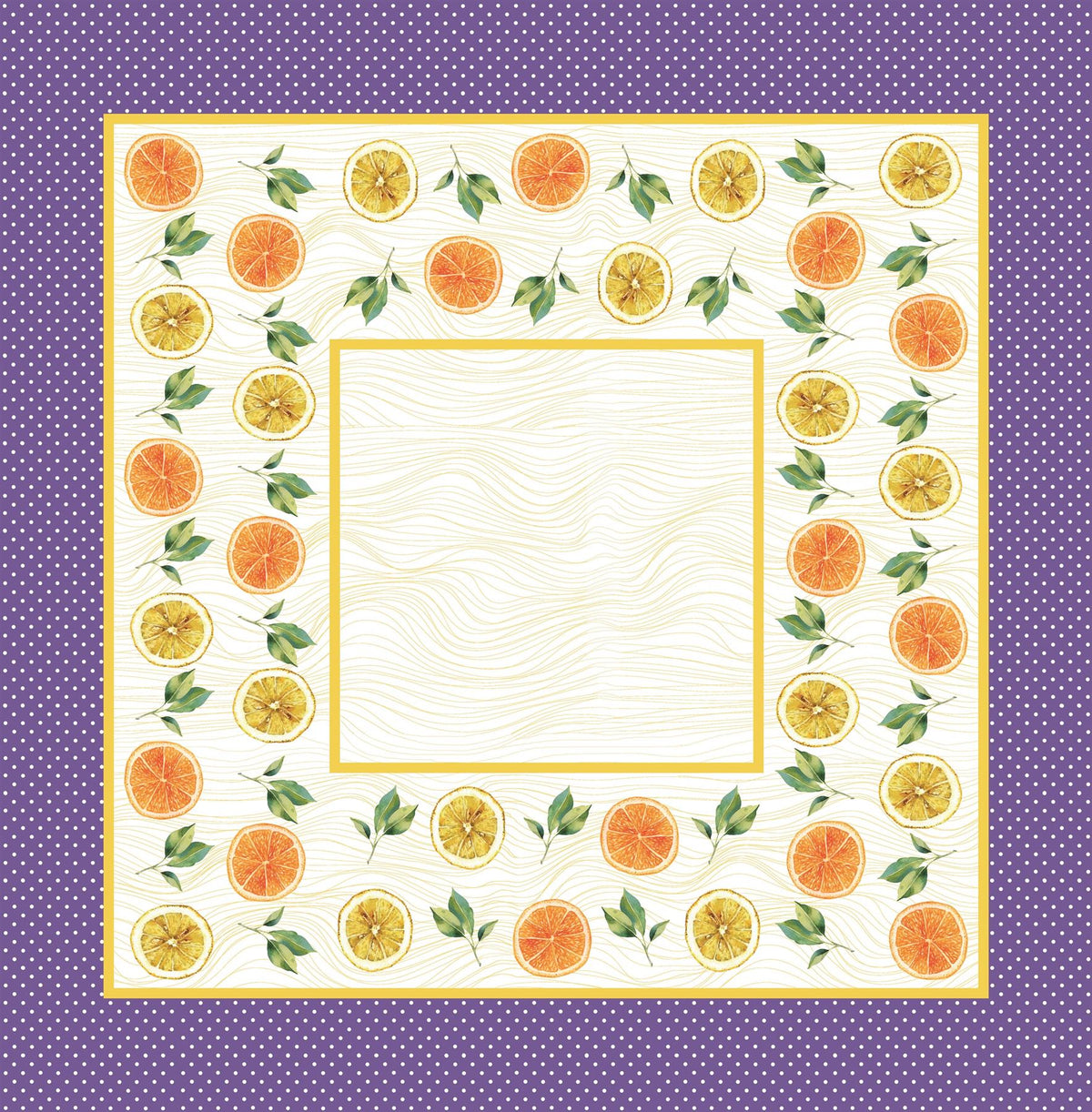 Square Table Topper with Citrus-Oranges and Lemon print. 40"x40" Square