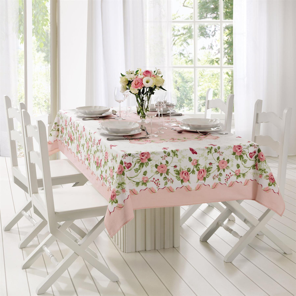 Pink Roses and Butterfly Printed Tablecloth  Tablecloth. Size options 60 inch Round or 61"x98" Rectangle Tablecloth