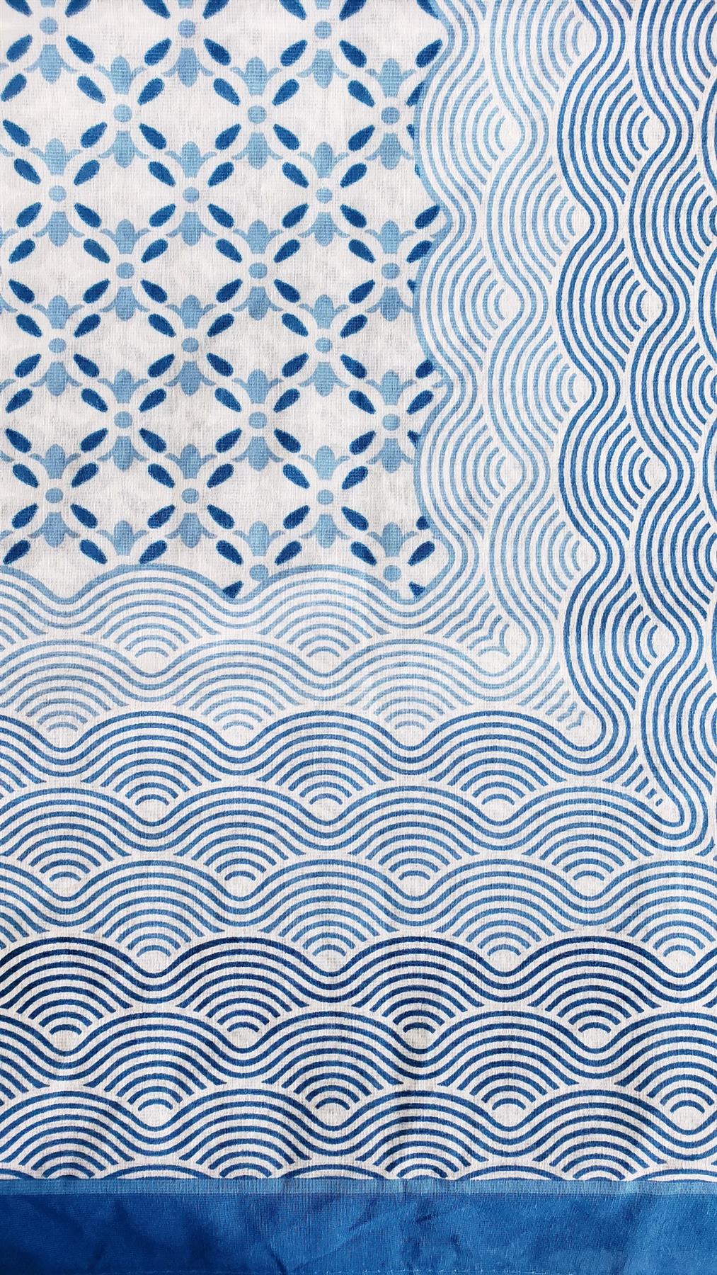 AdonisUSA White and Blue Printed Tablecloth with Geometric and Wave Pattern Bold Border ,Rectangle Tablecloth (55x87 Rectangle)