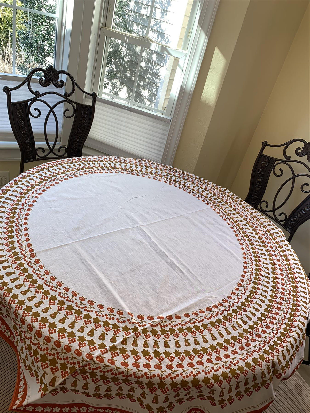 Orange and white Tablecloth 61" Round and a macthing 29.5"x29.5" Square overlay 2 pc. set.