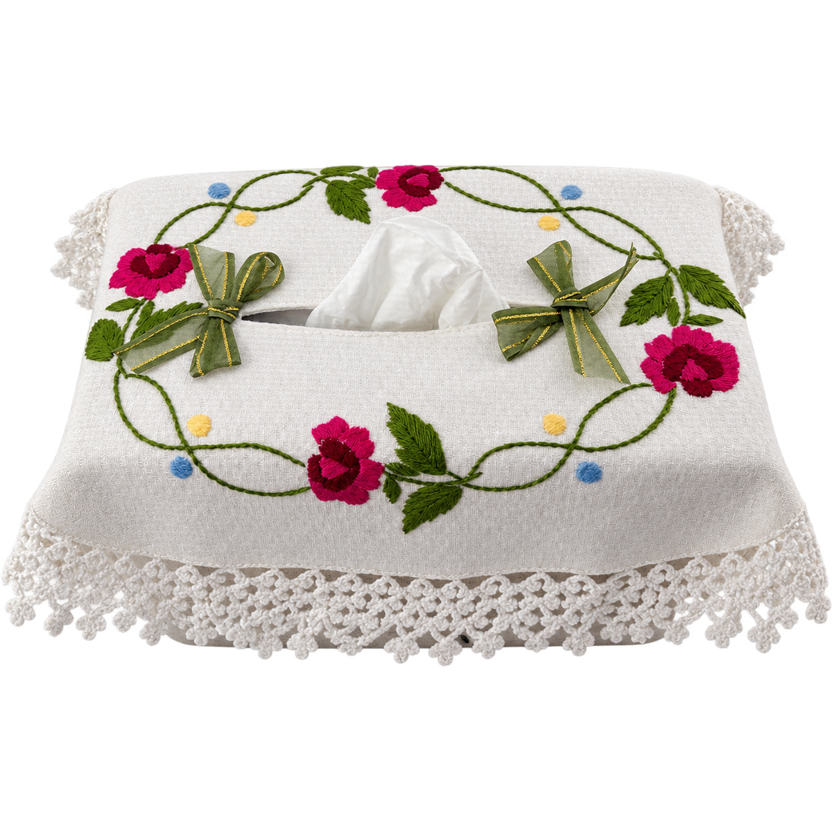 Embroidered Floral Rectangular Tissue Box Cover with Crochet Lace Trim
