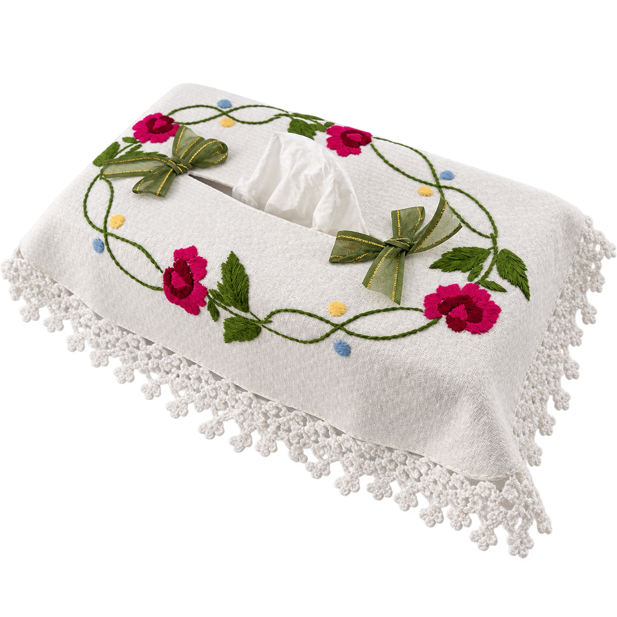 Embroidered Floral Rectangular Tissue Box Cover with Crochet Lace Trim